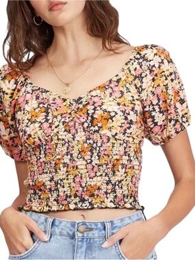 Billabong Floral Smocked Puff Sleeve Crop Top Summer Coquette Girl‎ Size XS EUC